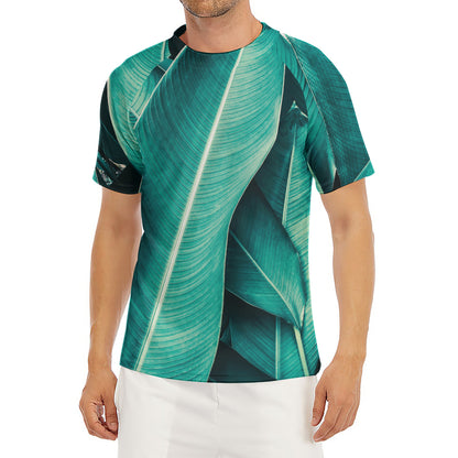 Turquoise Banana Leaf Print Men's Short Sleeve Rash Guard