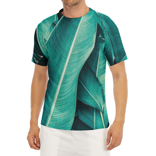 Turquoise Banana Leaf Print Men's Short Sleeve Rash Guard