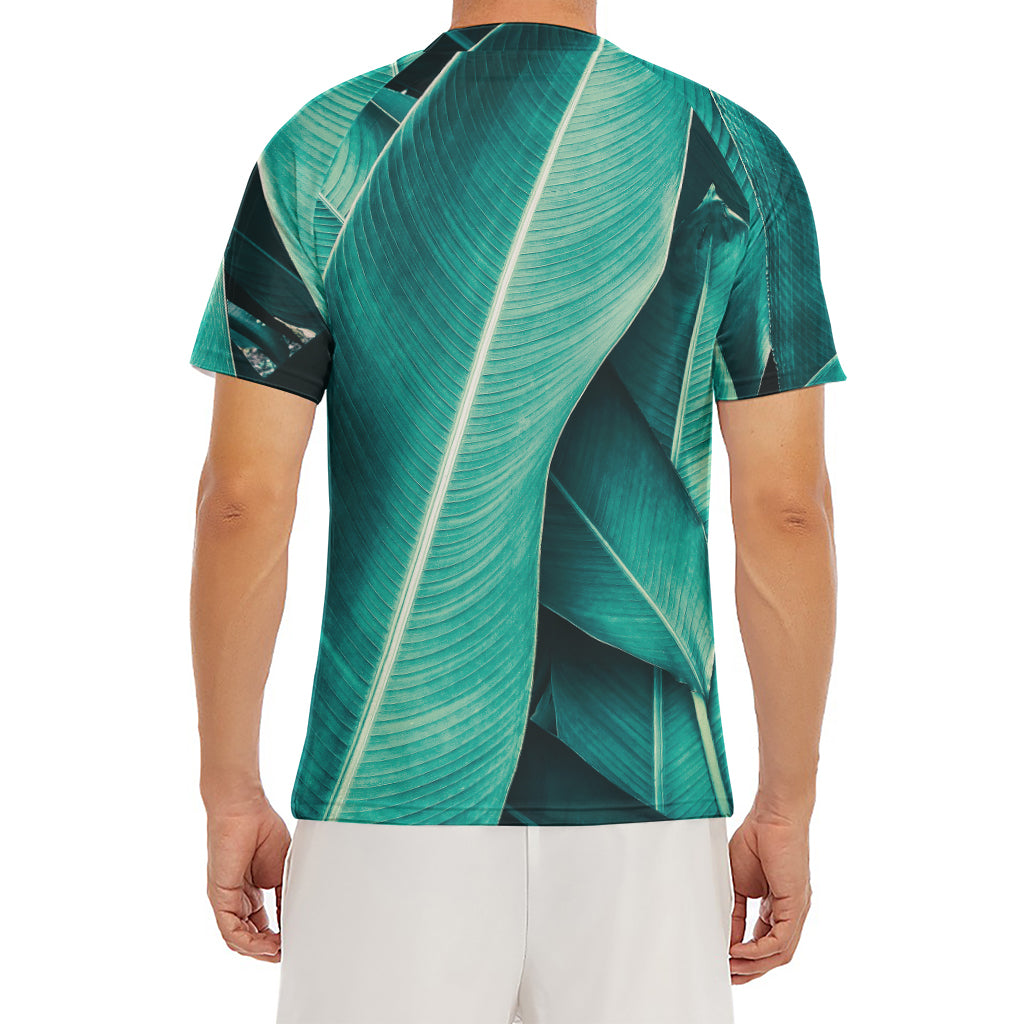 Turquoise Banana Leaf Print Men's Short Sleeve Rash Guard