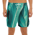 Turquoise Banana Leaf Print Men's Split Running Shorts