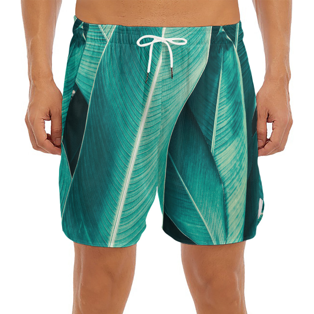 Turquoise Banana Leaf Print Men's Split Running Shorts