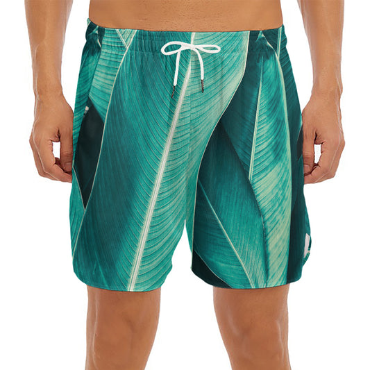 Turquoise Banana Leaf Print Men's Split Running Shorts