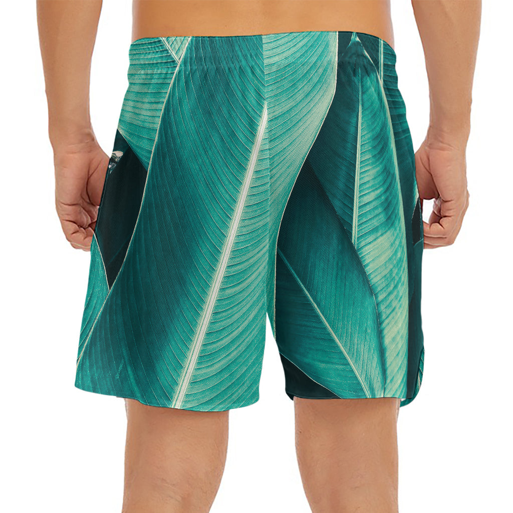 Turquoise Banana Leaf Print Men's Split Running Shorts