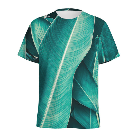 Turquoise Banana Leaf Print Men's Sports T-Shirt