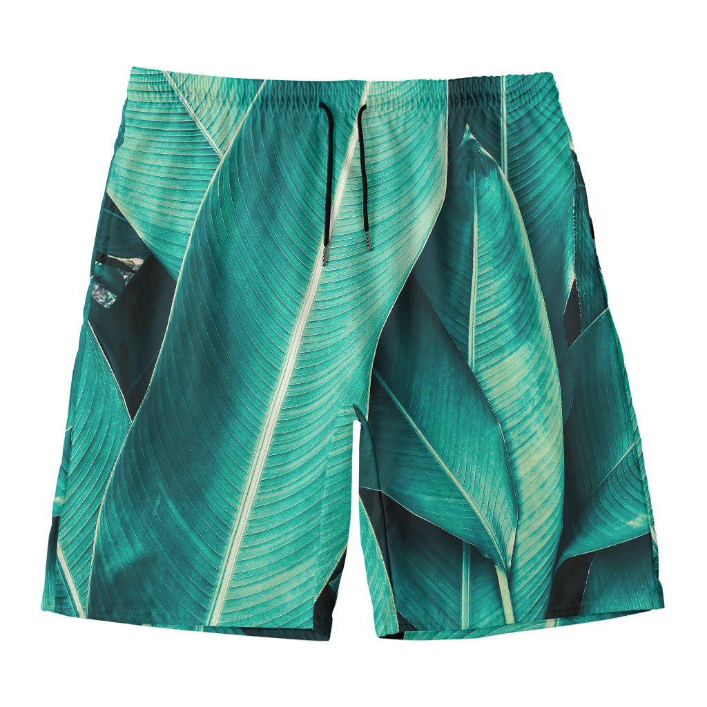 Turquoise Banana Leaf Print Men's Swim Trunks