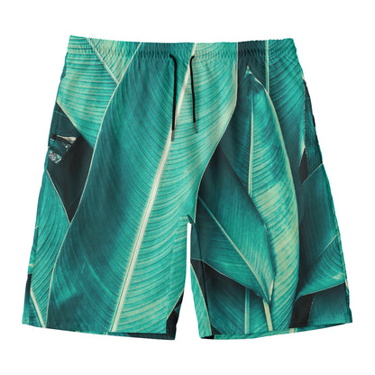 Turquoise Banana Leaf Print Men's Swim Trunks