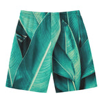 Turquoise Banana Leaf Print Men's Swim Trunks