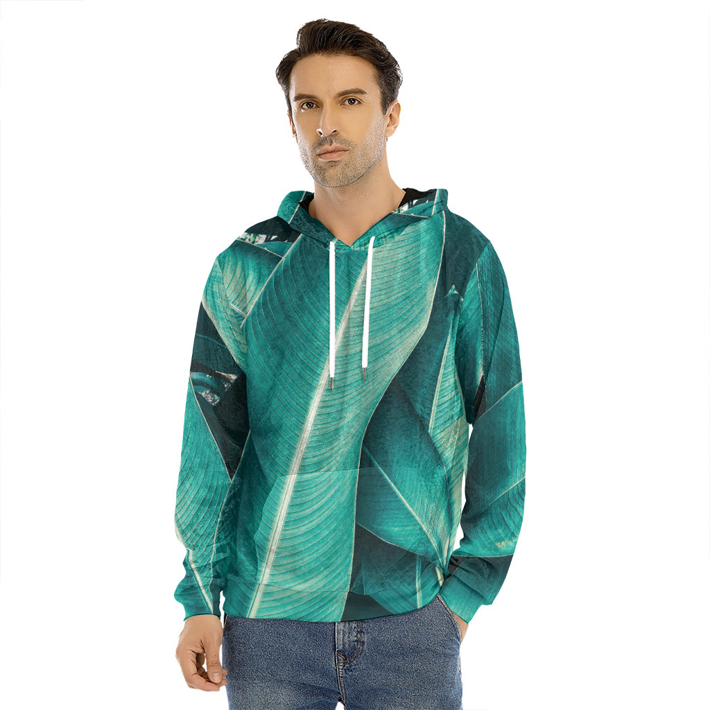Turquoise Banana Leaf Print Men's Velvet Pullover Hoodie
