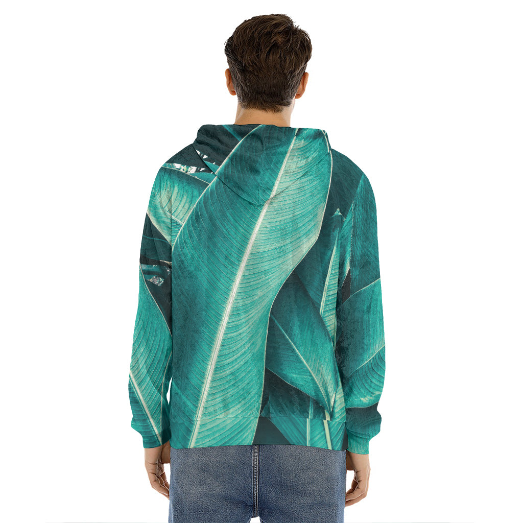 Turquoise Banana Leaf Print Men's Velvet Pullover Hoodie