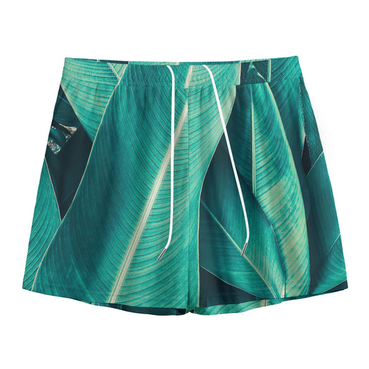 Turquoise Banana Leaf Print Mesh Shorts