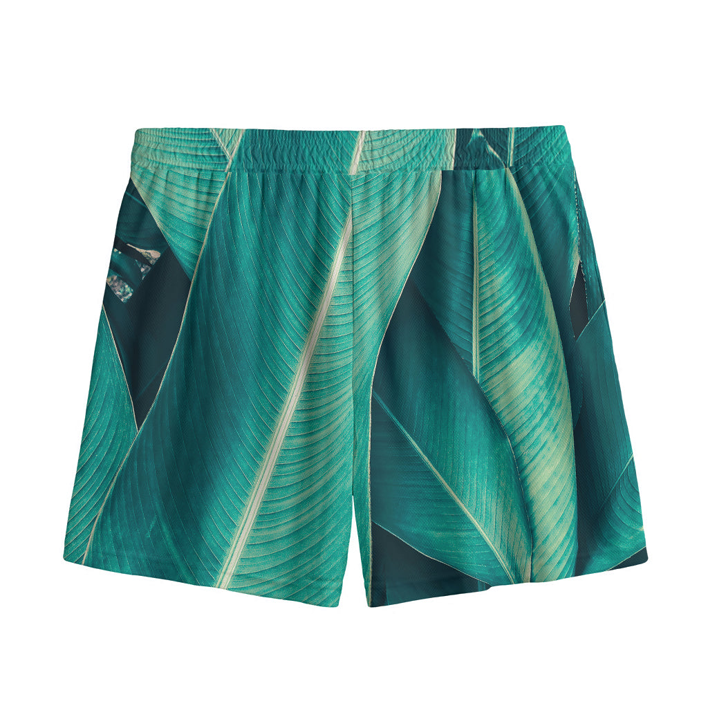 Turquoise Banana Leaf Print Mesh Shorts