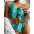 Turquoise Banana Leaf Print One Shoulder Bikini Set