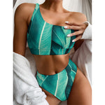 Turquoise Banana Leaf Print One Shoulder Bikini Top