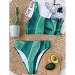 Turquoise Banana Leaf Print One Shoulder Bikini Top