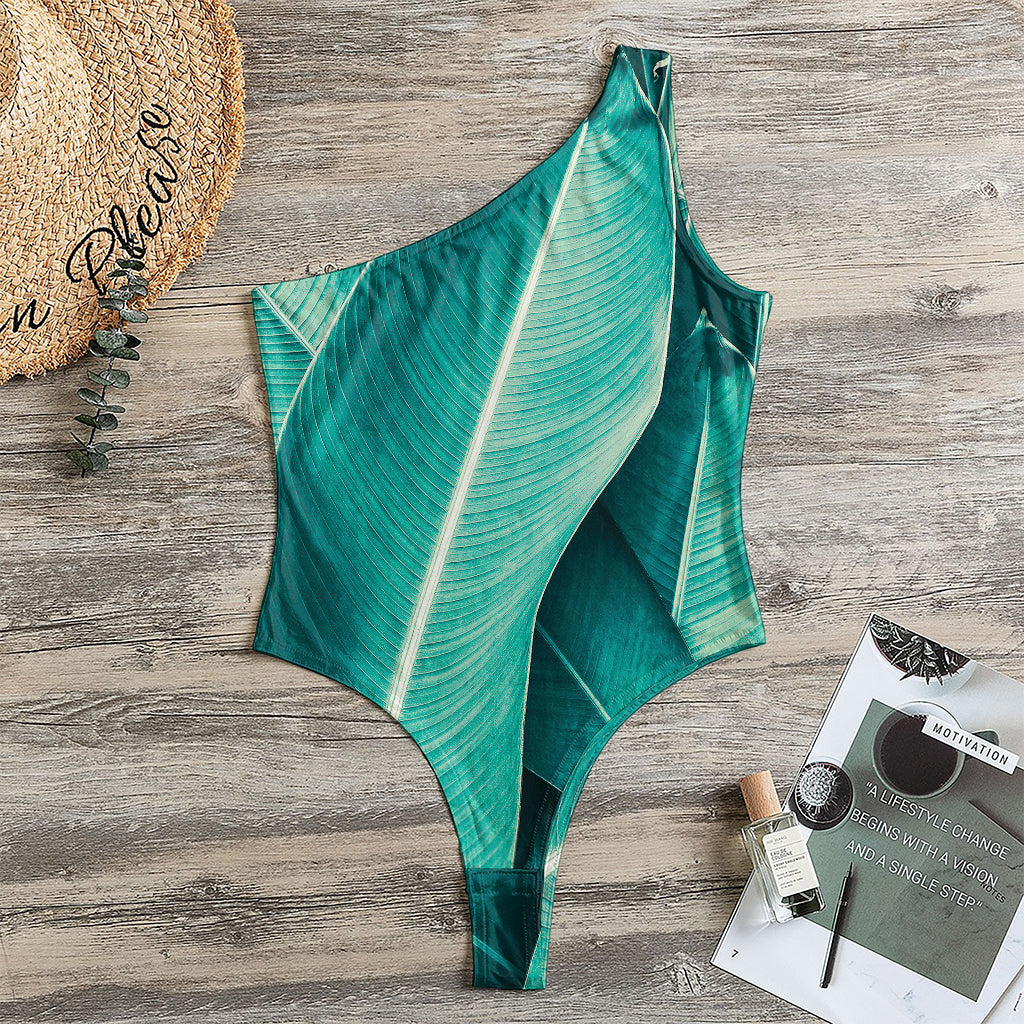 Turquoise Banana Leaf Print One Shoulder Bodysuit