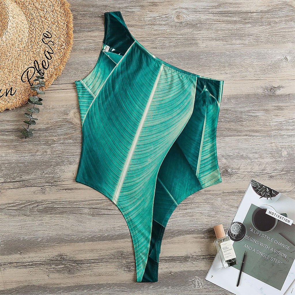 Turquoise Banana Leaf Print One Shoulder Bodysuit
