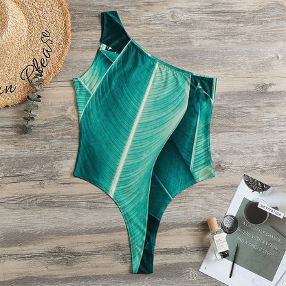 Turquoise Banana Leaf Print One Shoulder Bodysuit