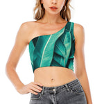 Turquoise Banana Leaf Print One Shoulder Crop Top