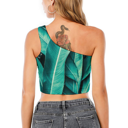 Turquoise Banana Leaf Print One Shoulder Crop Top