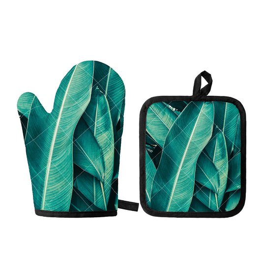 Turquoise Banana Leaf Print Oven Mitt And Pot Holder Set