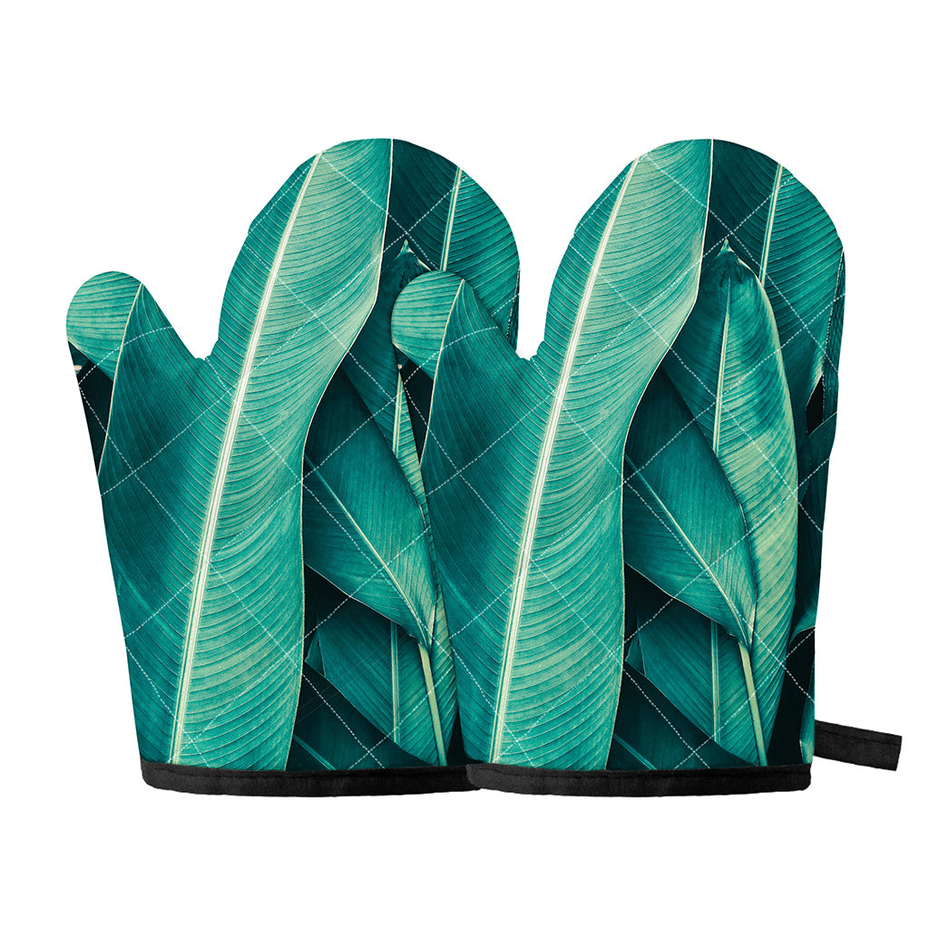 Turquoise Banana Leaf Print Oven Mitts