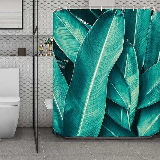 Turquoise Banana Leaf Print Polyester Shower Curtain