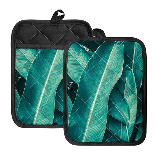 Turquoise Banana Leaf Print Pot Holders With Pocket