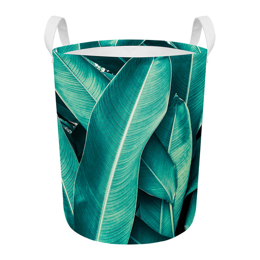 Turquoise Banana Leaf Print Round Laundry Basket