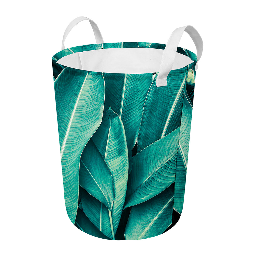 Turquoise Banana Leaf Print Round Laundry Basket