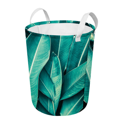 Turquoise Banana Leaf Print Round Laundry Basket
