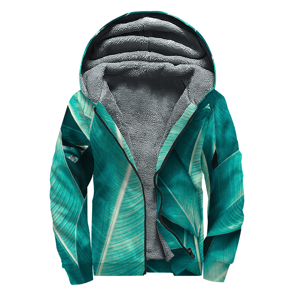 Turquoise Banana Leaf Print Sherpa Lined Zip Up Hoodie