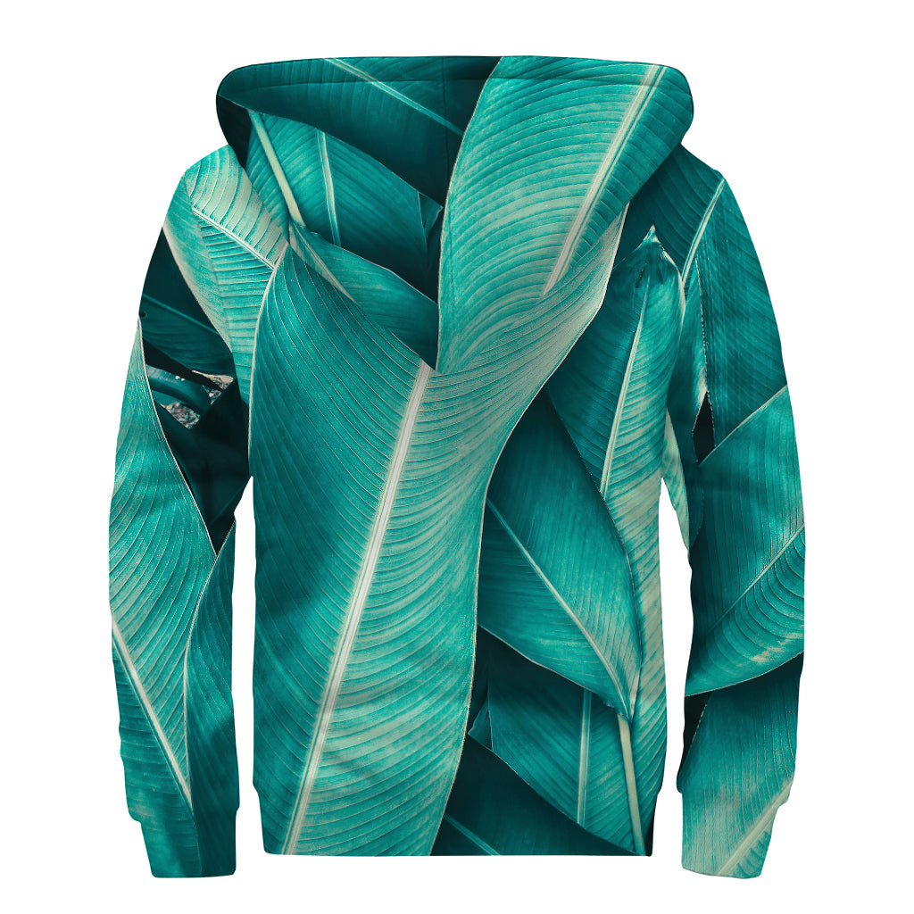 Turquoise Banana Leaf Print Sherpa Lined Zip Up Hoodie