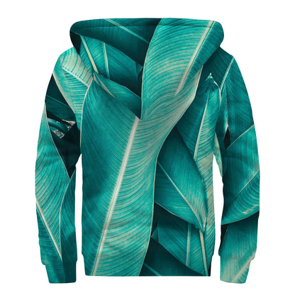 Turquoise Banana Leaf Print Sherpa Lined Zip Up Hoodie