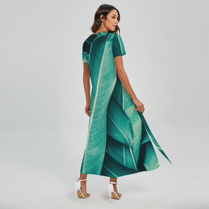 Turquoise Banana Leaf Print Short Sleeve Maxi Dress