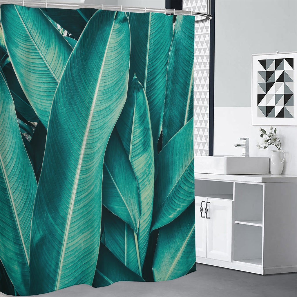 Turquoise Banana Leaf Print Shower Curtain