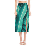 Turquoise Banana Leaf Print Side Slit Midi Skirt