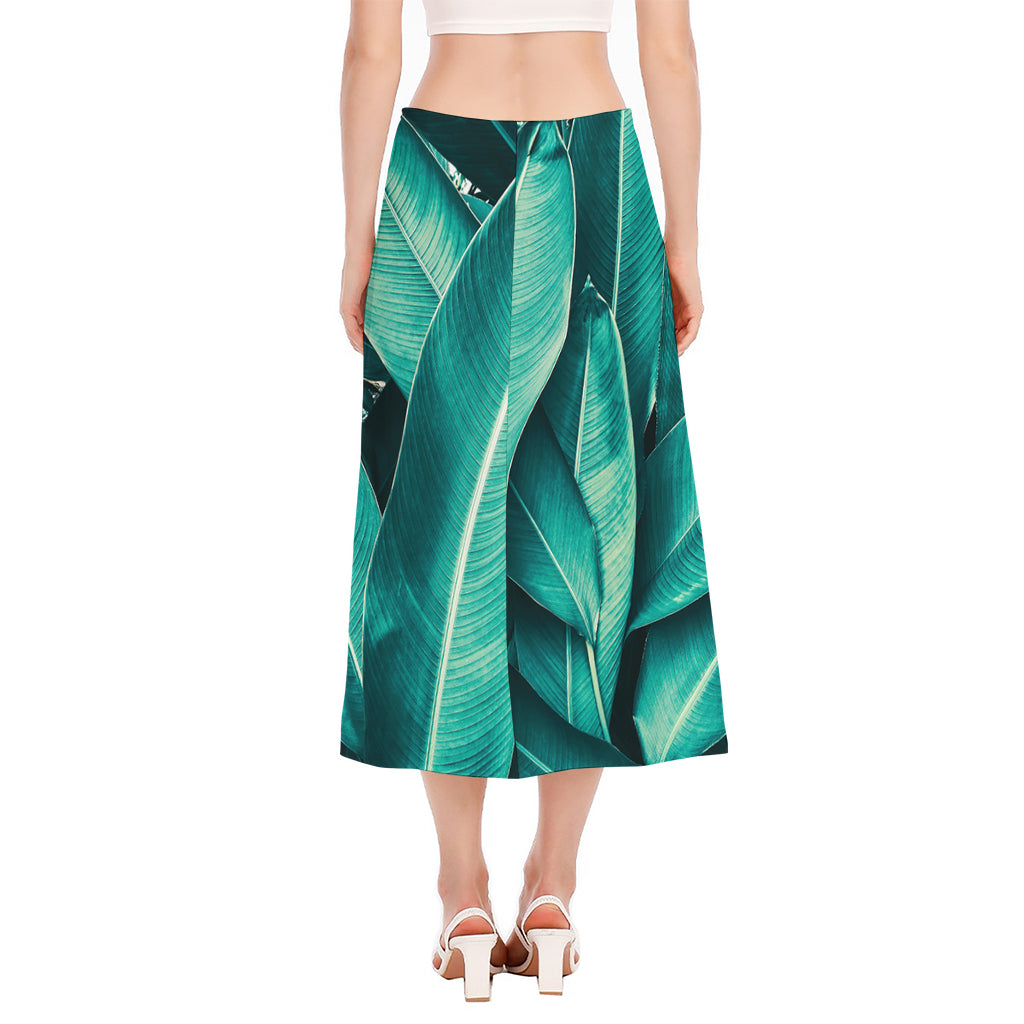 Turquoise Banana Leaf Print Side Slit Midi Skirt