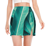 Turquoise Banana Leaf Print Side Slit Mini Skirt