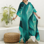 Turquoise Banana Leaf Print Silk V-Neck Kaftan Dress