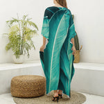 Turquoise Banana Leaf Print Silk V-Neck Kaftan Dress