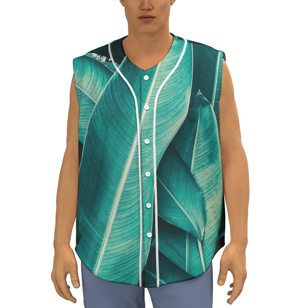 Turquoise Banana Leaf Print Sleeveless Baseball Jersey