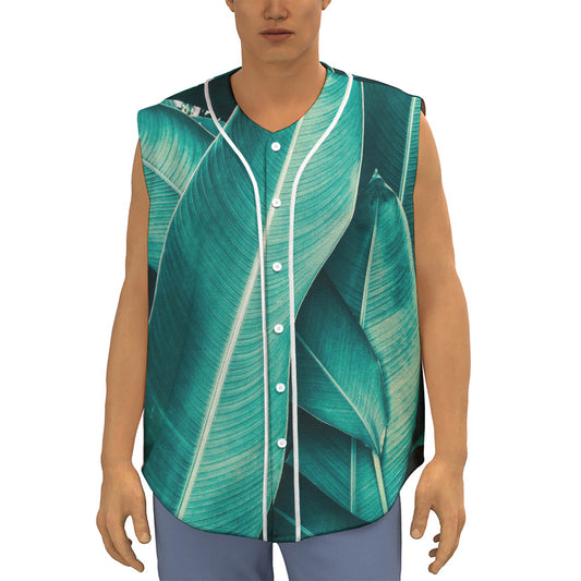 Turquoise Banana Leaf Print Sleeveless Baseball Jersey