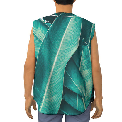 Turquoise Banana Leaf Print Sleeveless Baseball Jersey