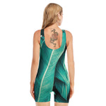 Turquoise Banana Leaf Print Sleeveless One Piece Swimsuit