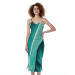 Turquoise Banana Leaf Print Slim Fit Midi Cami Dress