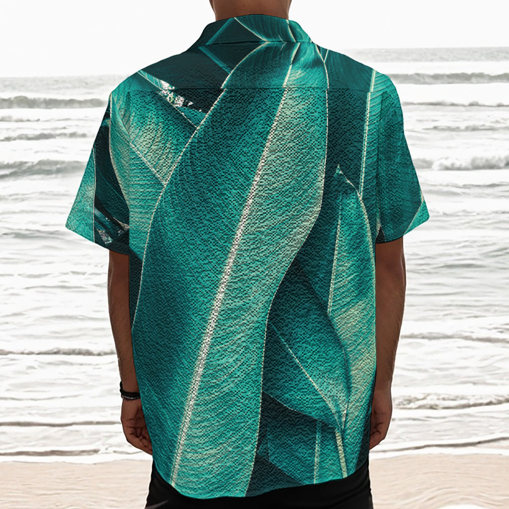 Turquoise Banana Leaf Print Textured Short Sleeve Shirt