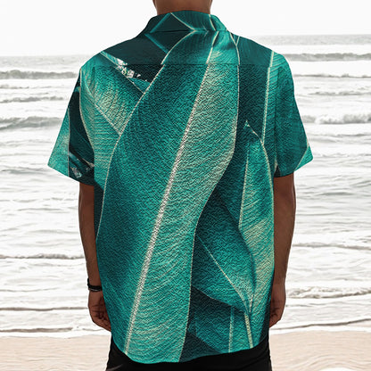 Turquoise Banana Leaf Print Textured Short Sleeve Shirt
