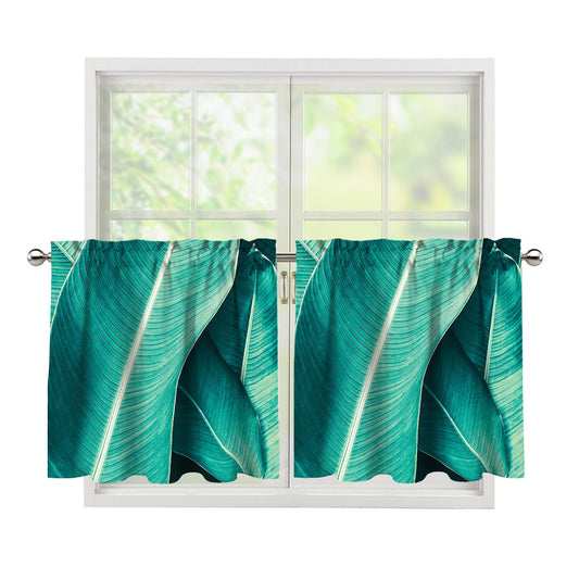 Turquoise Banana Leaf Print Tier Curtains
