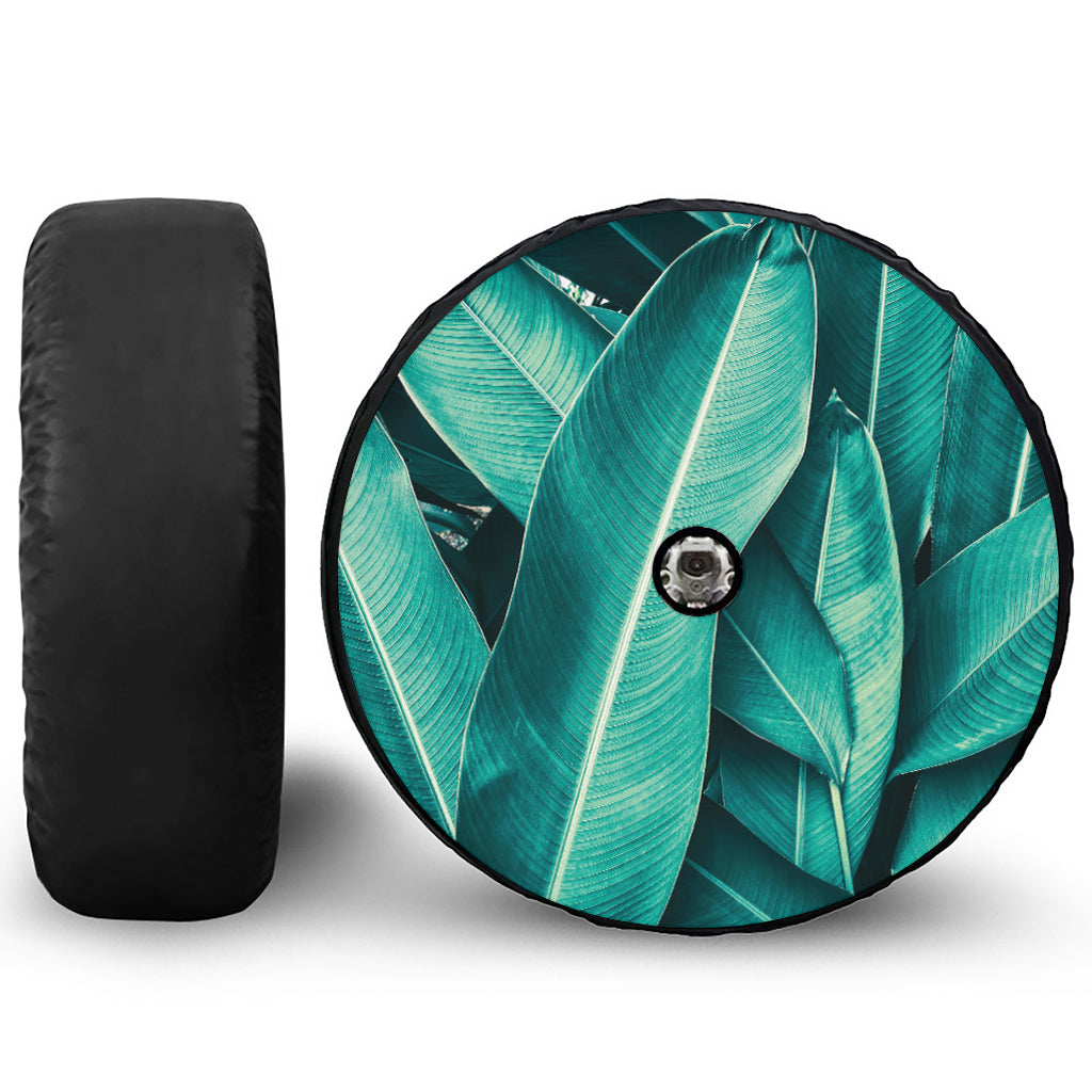 Turquoise Banana Leaf Print Tire Cover With Camera Hole
