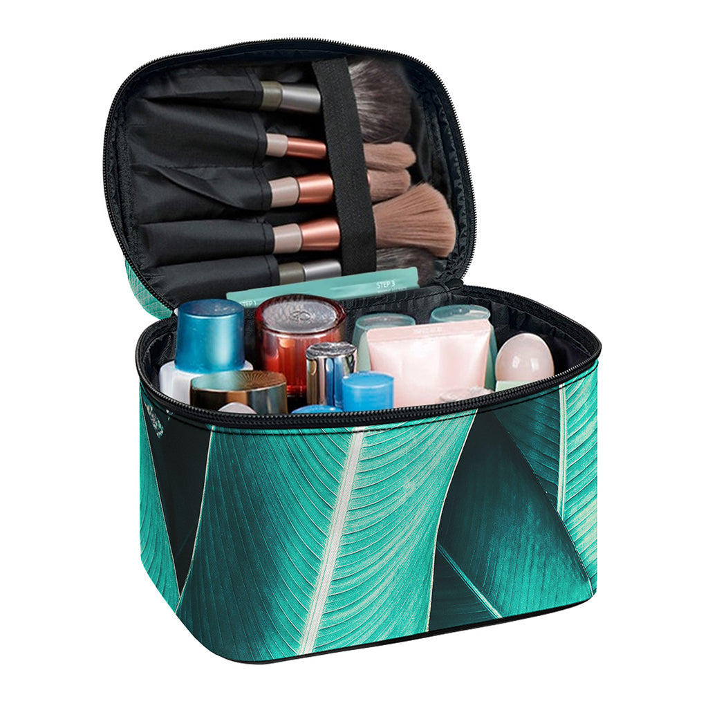 Turquoise Banana Leaf Print Travel Makeup Bag